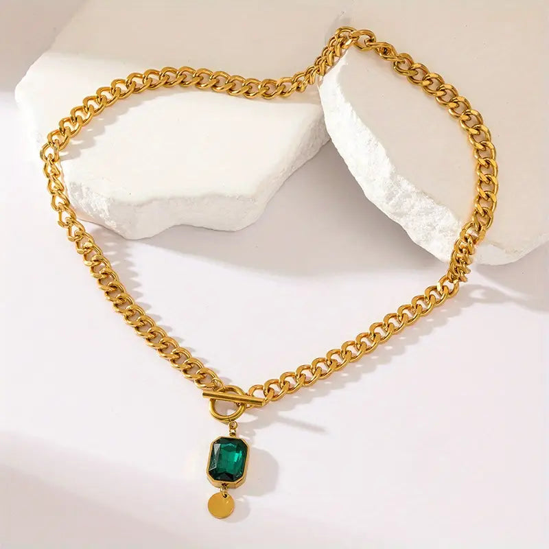 Collar con Colgante de Cadena Gruesa de Esmeralda | Oro