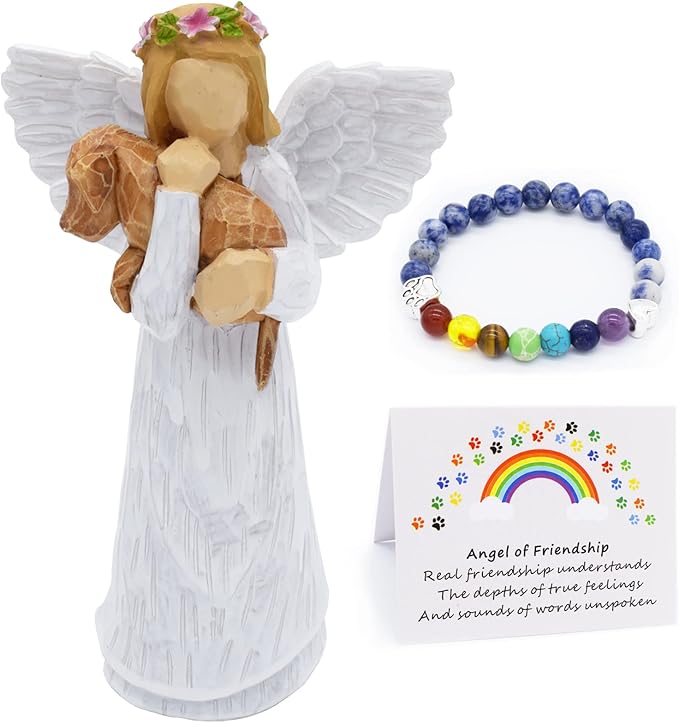 Set de Regalo en Memoria de Perro con Figurita de Ángel de la Amistad y Pulsera de Chakra del Puente Arcoíris
