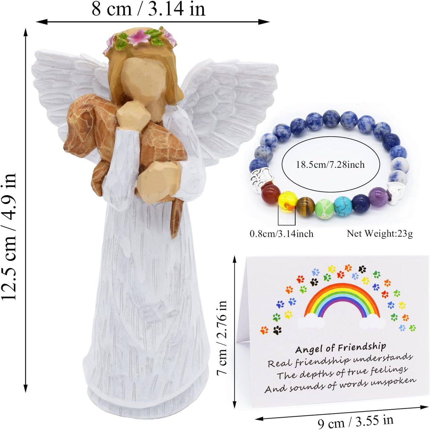 Set de Regalo en Memoria de Perro con Figurita de Ángel de la Amistad y Pulsera de Chakra del Puente Arcoíris