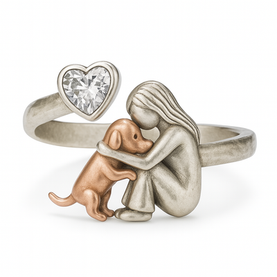 Anillo de Perro de Plata Esterlina 925 Hecho a Mano con Circonita en Forma de Corazón – Ajuste Ajustable