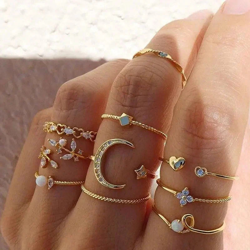Paquete de 10 Anillos Bohemios Baño de Plata y Oro