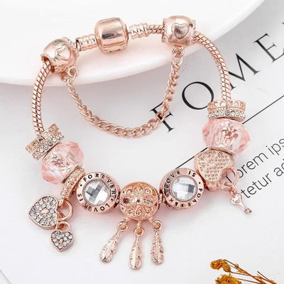 Pulsera Atrapa Sueños de Rosa con Charms en Plata de Ley Incluida