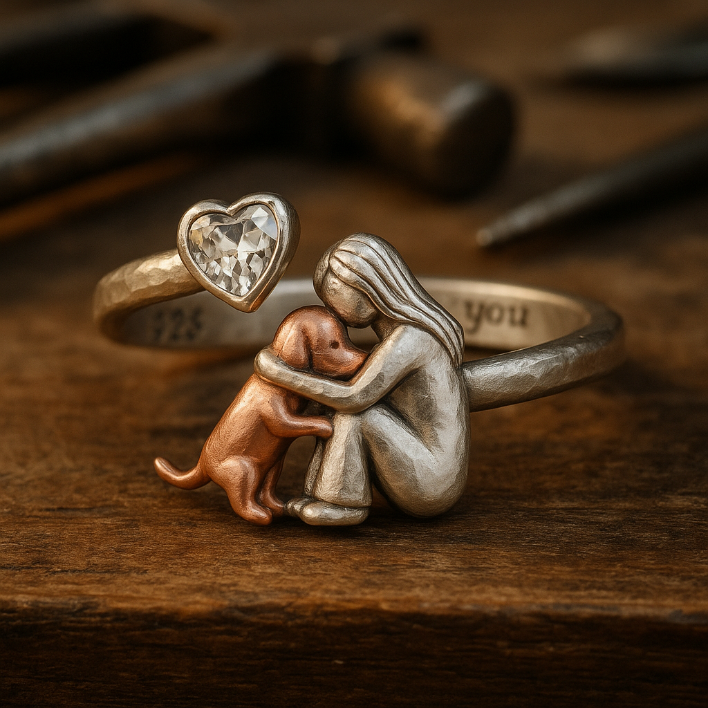 Anillo de Perro de Plata Esterlina 925 Hecho a Mano con Circonita en Forma de Corazón – Ajuste Ajustable