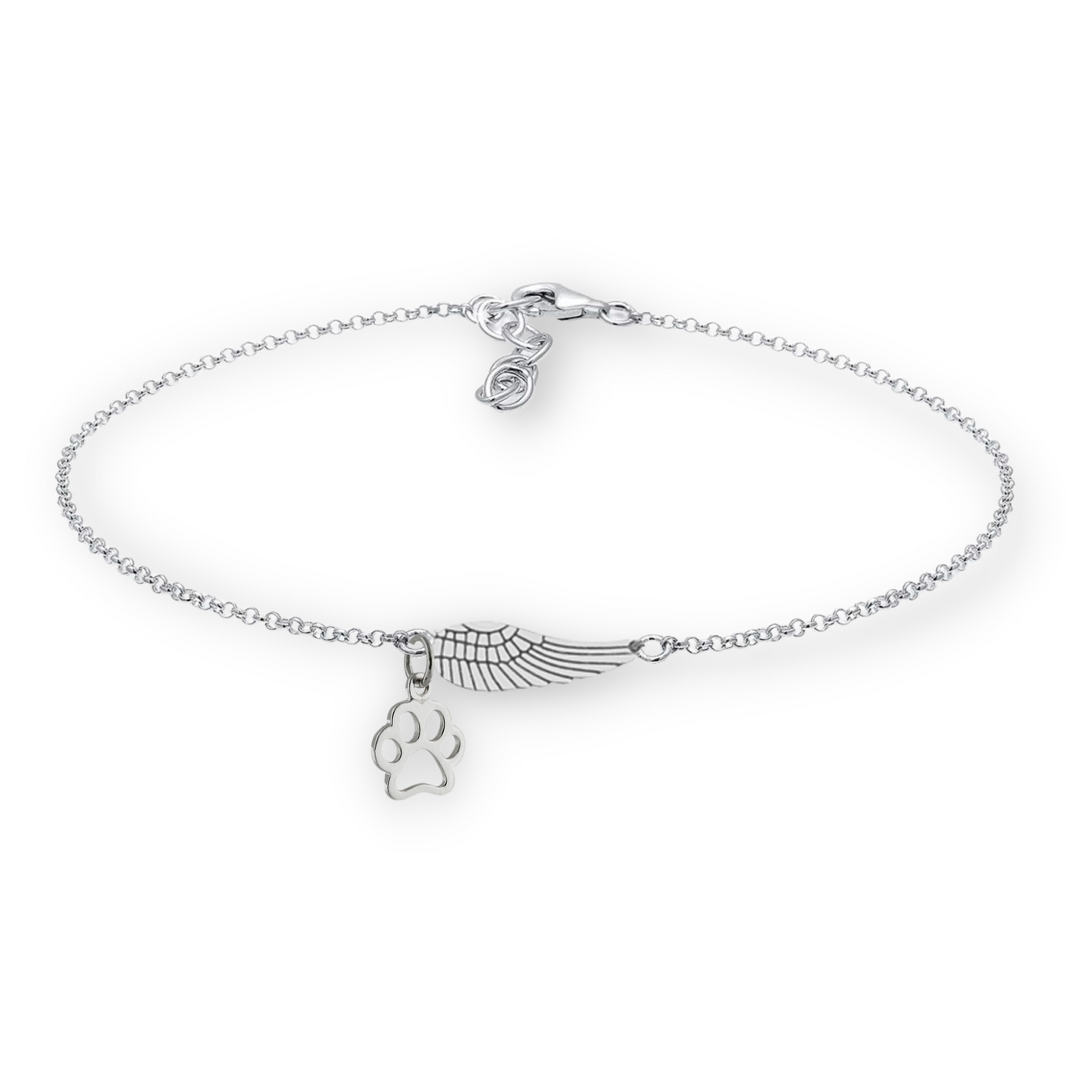Pulsera Conmemorativa de Plata con Ala de Ángel y Huella de Patas | Hecha a Mano