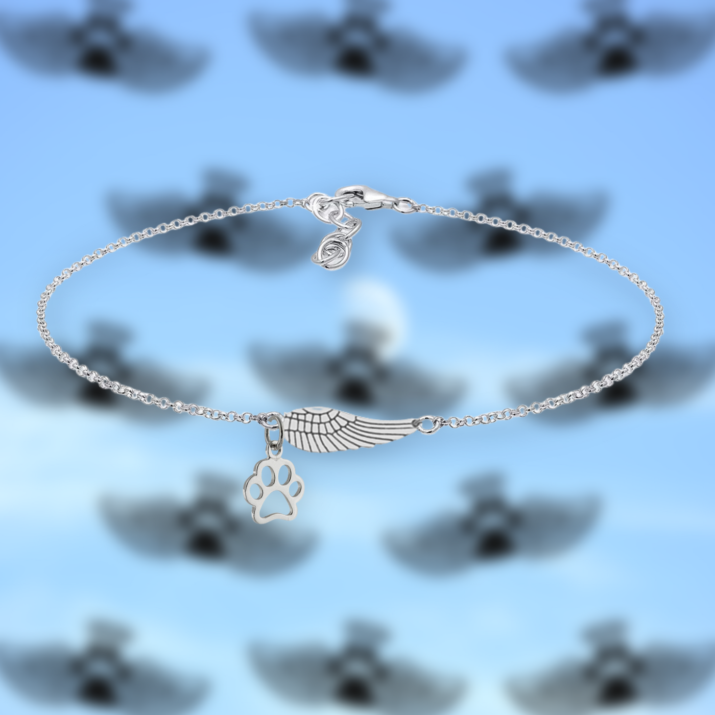 Pulsera Conmemorativa de Plata con Ala de Ángel y Huella de Patas | Hecha a Mano
