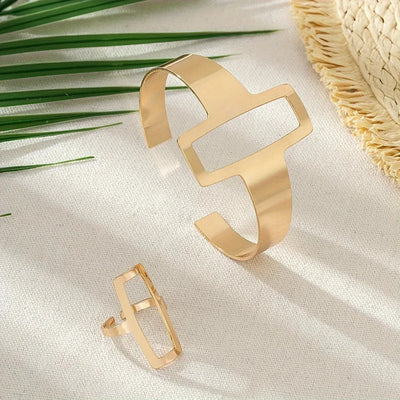 Juego de Pulsera y Anillo Rectangular Geométrico Ajustable