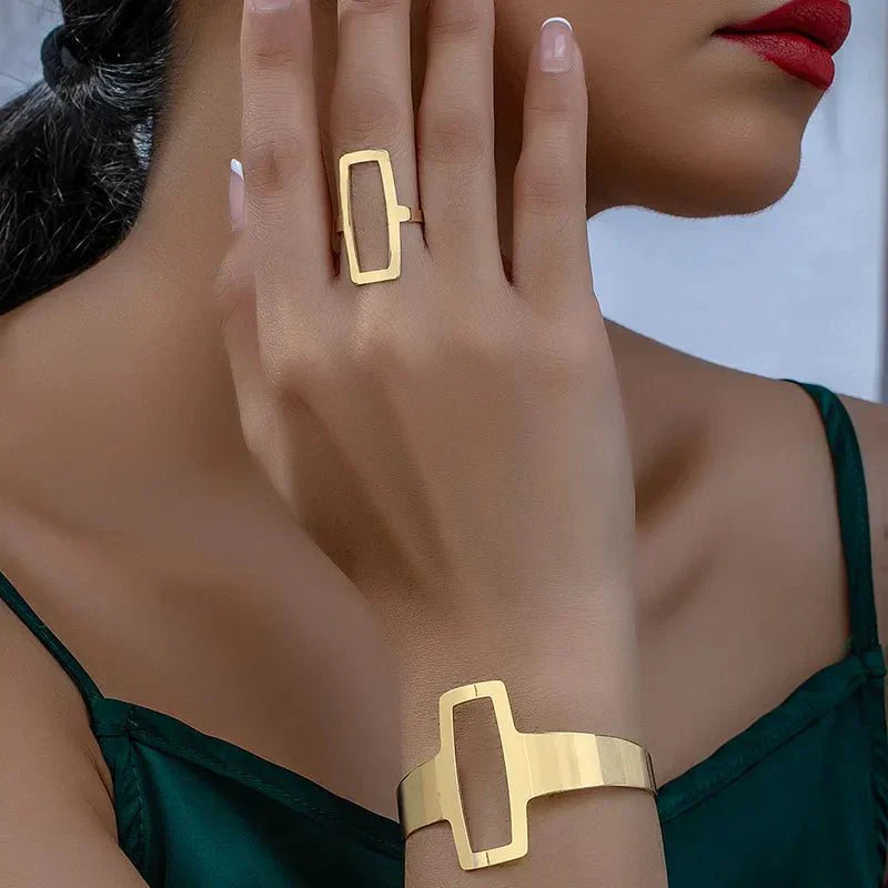 Juego de Pulsera y Anillo Rectangular Geométrico Ajustable
