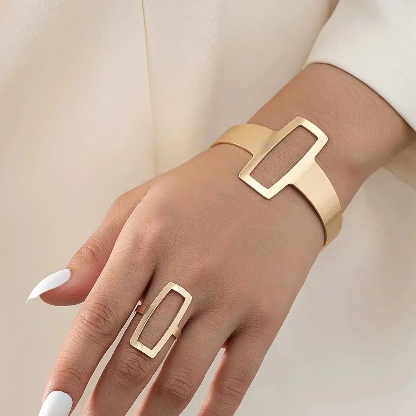 Juego de Pulsera y Anillo Rectangular Geométrico Ajustable