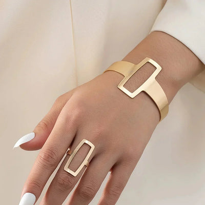 Juego de Pulsera y Anillo Rectangular Geométrico Ajustable