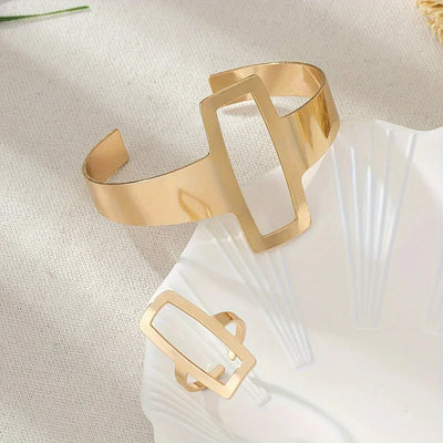 Juego de Pulsera y Anillo Rectangular Geométrico Ajustable