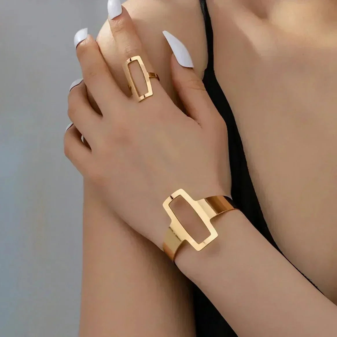 Juego de Pulsera y Anillo Rectangular Geométrico Ajustable