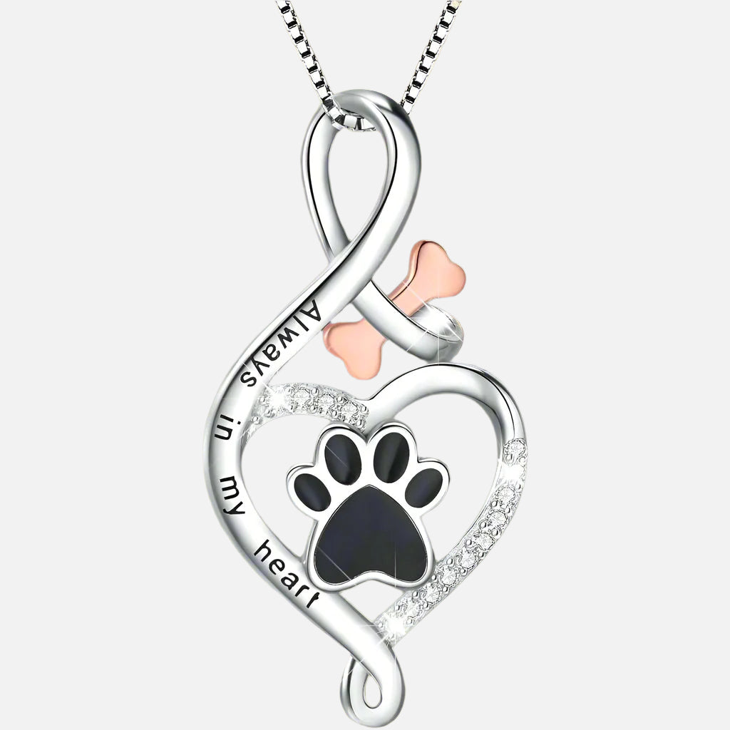 Collar Patita de la Suerte con Corazón, Hueso e Infinito – Colgante “Siempre en Mi Corazón”