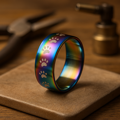 Anillo de Huella de Patas de Acero Inoxidable Arcoíris Hecho a Mano