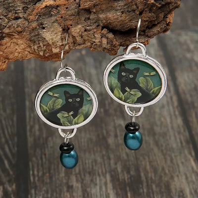 Pendientes Colgantes de Gato Negro Tropical Vintage