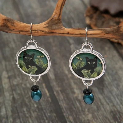 Pendientes Colgantes de Gato Negro Tropical Vintage