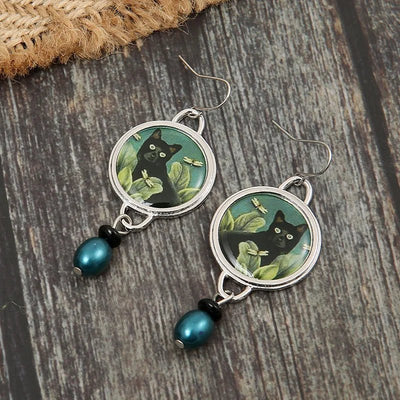 Pendientes Colgantes de Gato Negro Tropical Vintage