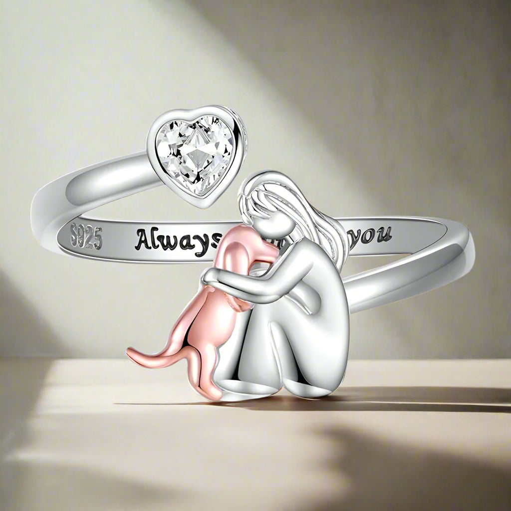 Anillo Ajustable para Perros en Plata de Ley 925 – “Siempre en Mi Corazón” con Zirconia