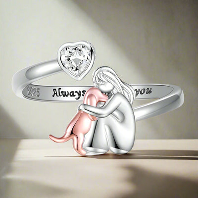 Anillo Ajustable para Perros en Plata de Ley 925 – “Siempre en Mi Corazón” con Zirconia